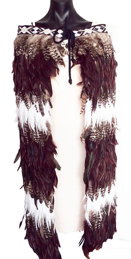 MC07: Maori Feather Korowai - Black Brown White and Paua - MC07b.jpg